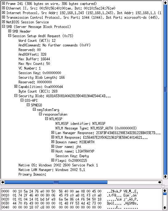 Typical Windows XP User Session Setup AndX Request