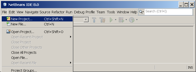 NetBeans IDE with the File | New Project menu item selected.