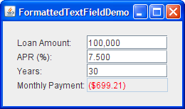 A snapshot of FormattedTextFieldDemo