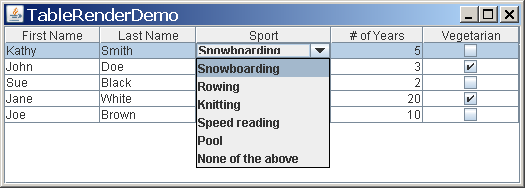 A combo box cell editor in use