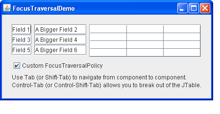 The Focus Traversal Demo, which demonstrates a custom FocusTraversalPolicy.